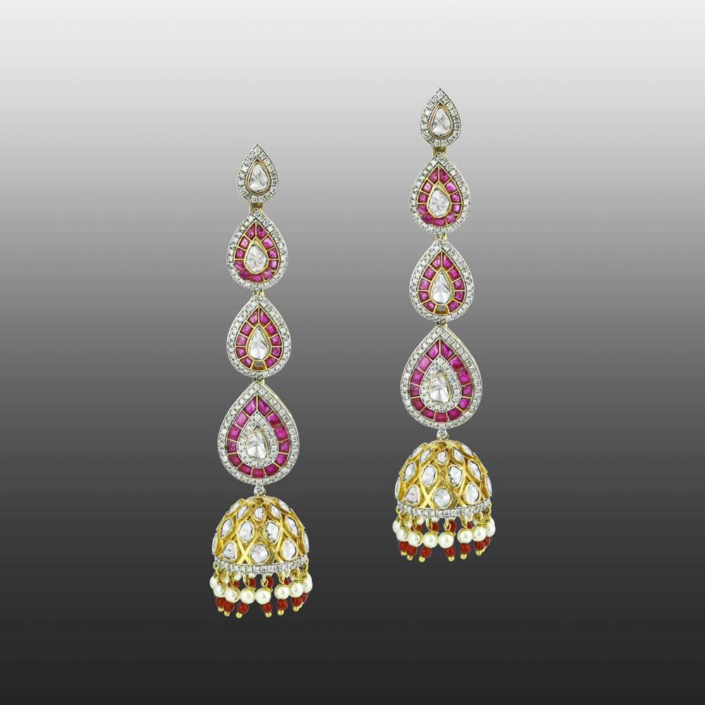 Cascading Polki Earrings with Red Talafs and Jhumka Design